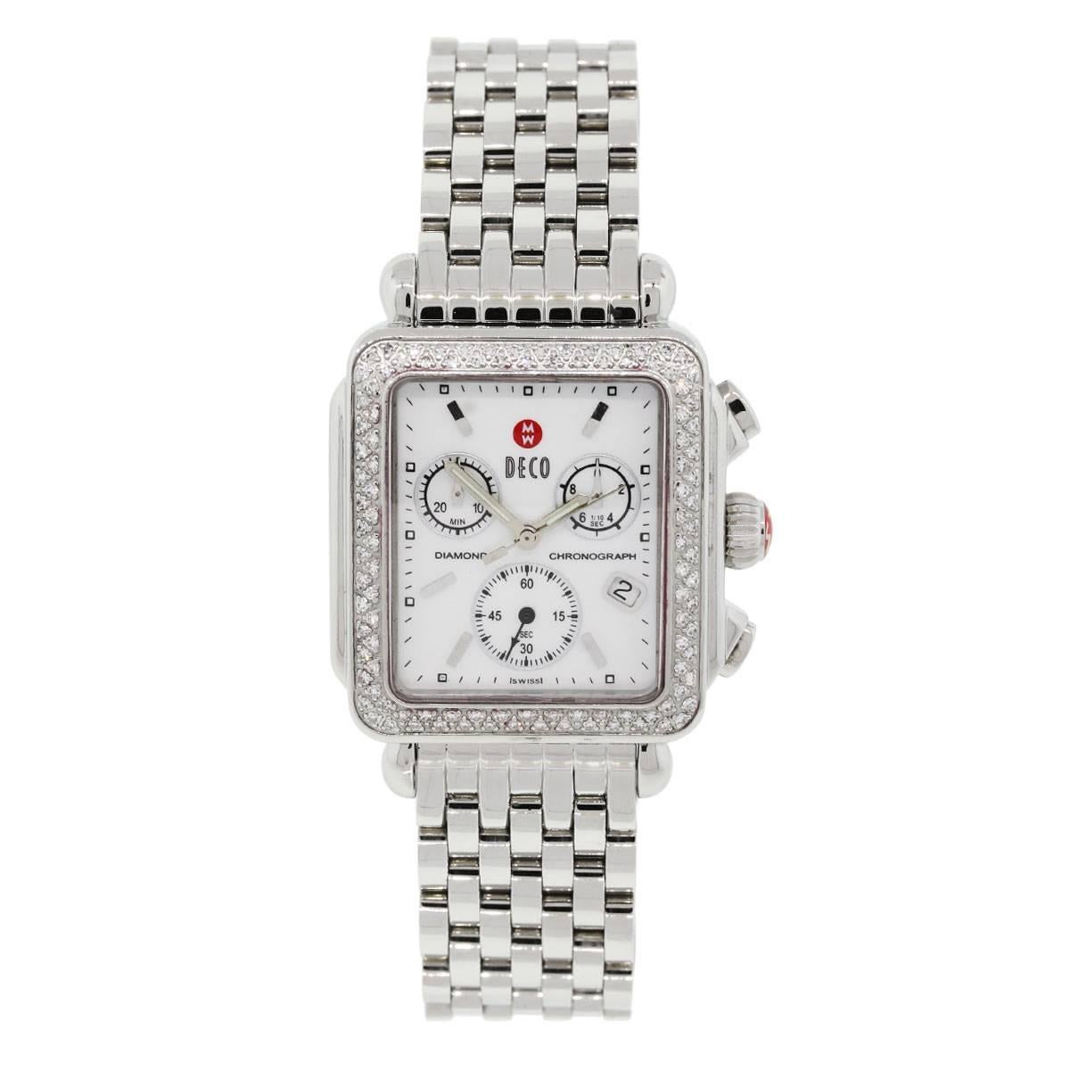 Brand: Michele
MPN: 71-6000
Model: Deco
Case Material: Stainless steel
Case Diameter: 33mm
Crystal: Scratch resistant sapphire
Bezel: Diamond bezel
Dial: Mother of pearl chronograph dial
Bracelet: Stainless steel
Size: Will fit a 7.5″ wrist
Clasp: