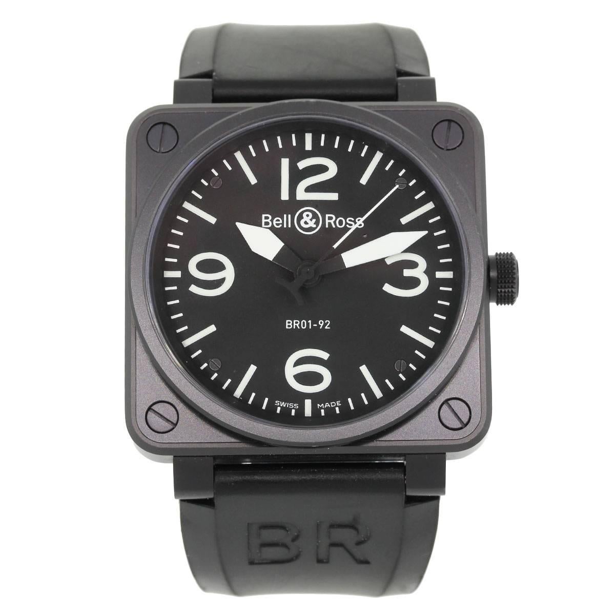 Brand: Bell & Ross
MPN: BR01-92-S-08167
Model: Carbon
Case Material: Stainless steel with black PVD
Case Diameter: 46mm
Crystal: Scratch resistant sapphire
Bezel: Stainless steel with black PVD
Dial: Black dial with luminescent hour markers and