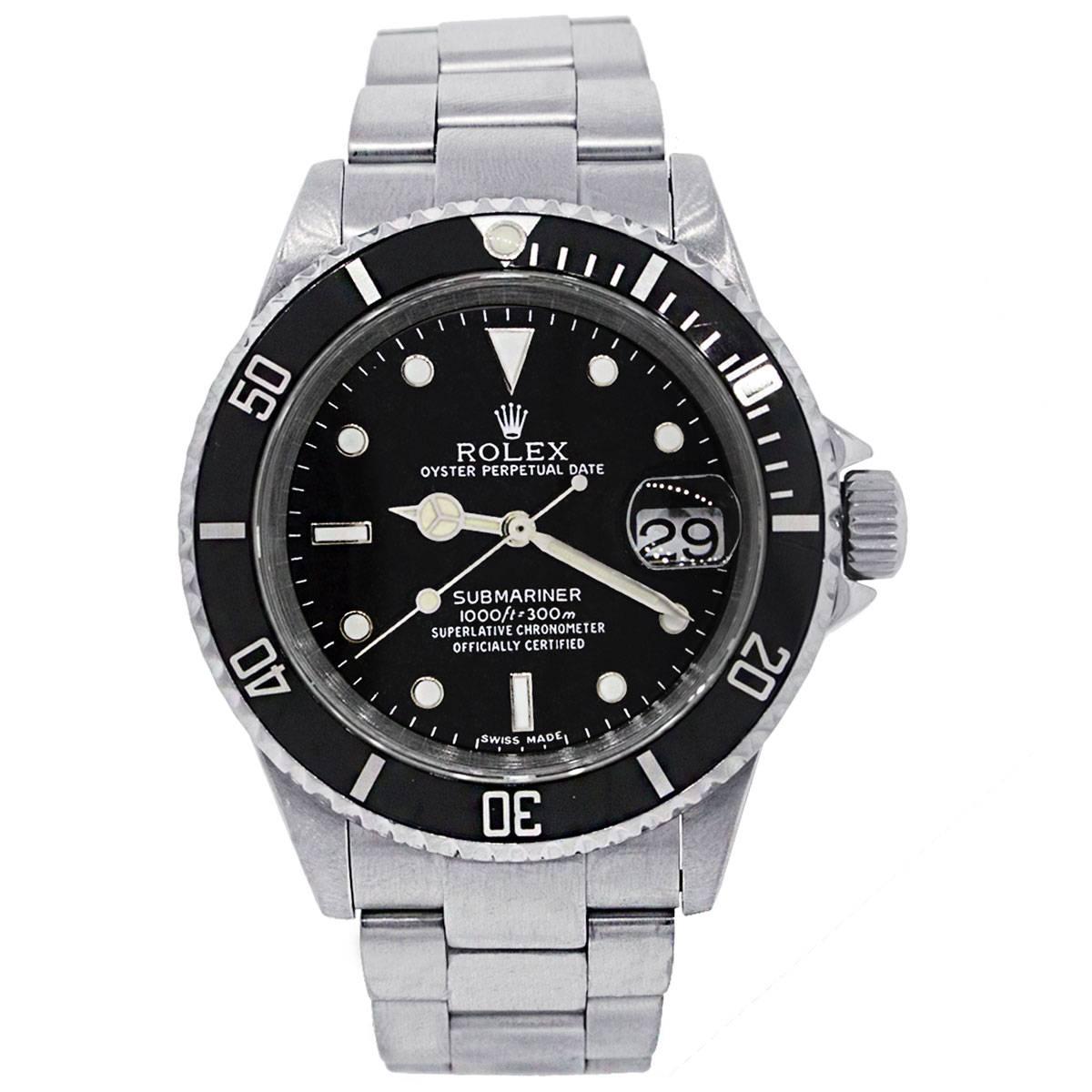 Brand: Rolex
MPN: 16610
Model: Submariner
Case Material: Stainless steel
Case Diameter: 40mm
Crystal: Sapphire crystal (scratch resistant)
Bezel: Unidirectional black bezel
Dial: Black dial with luminescent hour markers and date window at the 3
