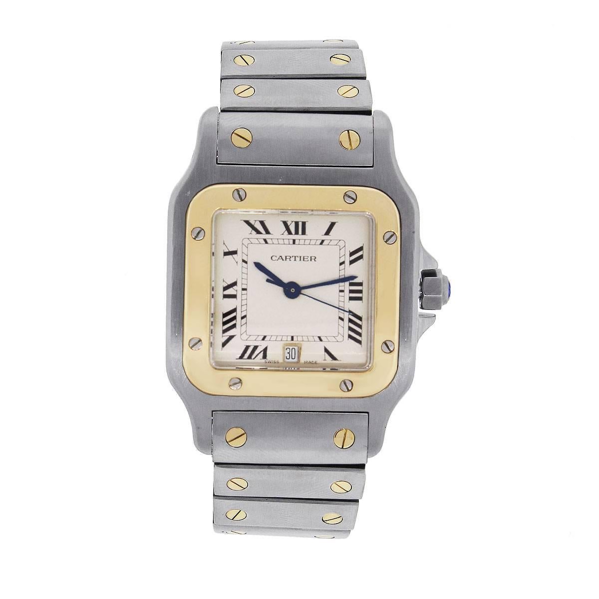 Brand: Cartier
MPN: 187901
Model: Santos Galbee
Case Material: Stainless steel
Crystal: Scratch resistant sapphire
Bezel: 18k yellow gold
Dial: White roman dial
Bracelet: Stainless steel and 18k yellow gold screws
Size: 7″
Clasp: fold over hidden