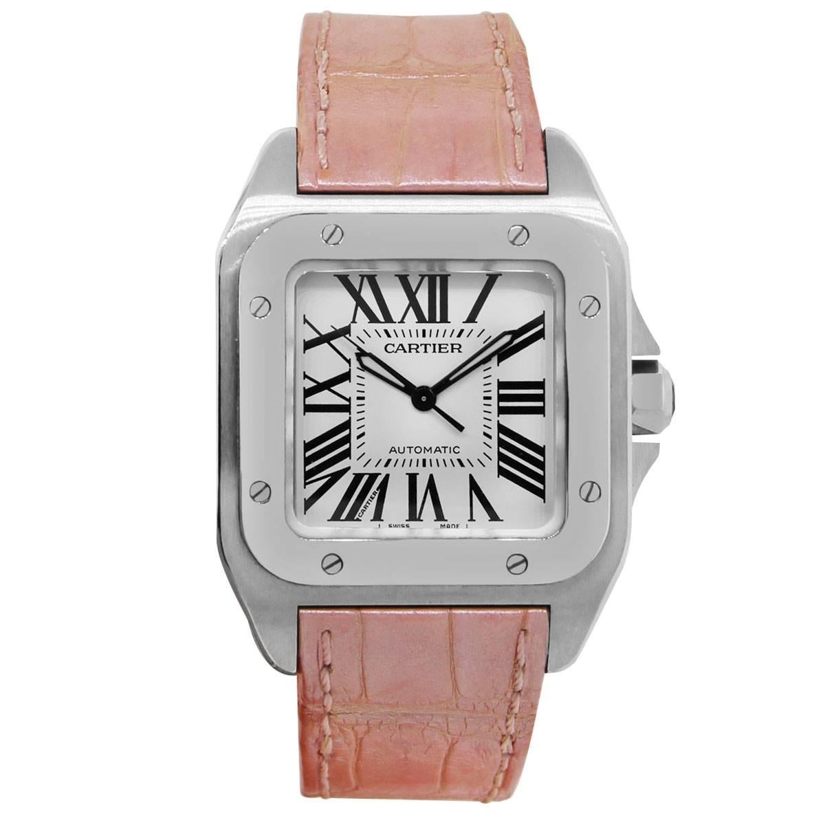 Brand: Cartier
MPN: 2878
Model: Santos
Case Material: Stainless steel
Case Diameter: 33mm
Crystal: Sapphire crystal
Bezel: Fixed smooth stainless steel bezel
Dial: Silvered dial with sword-shaped hands and Roman numerals hour markers. Minute markers