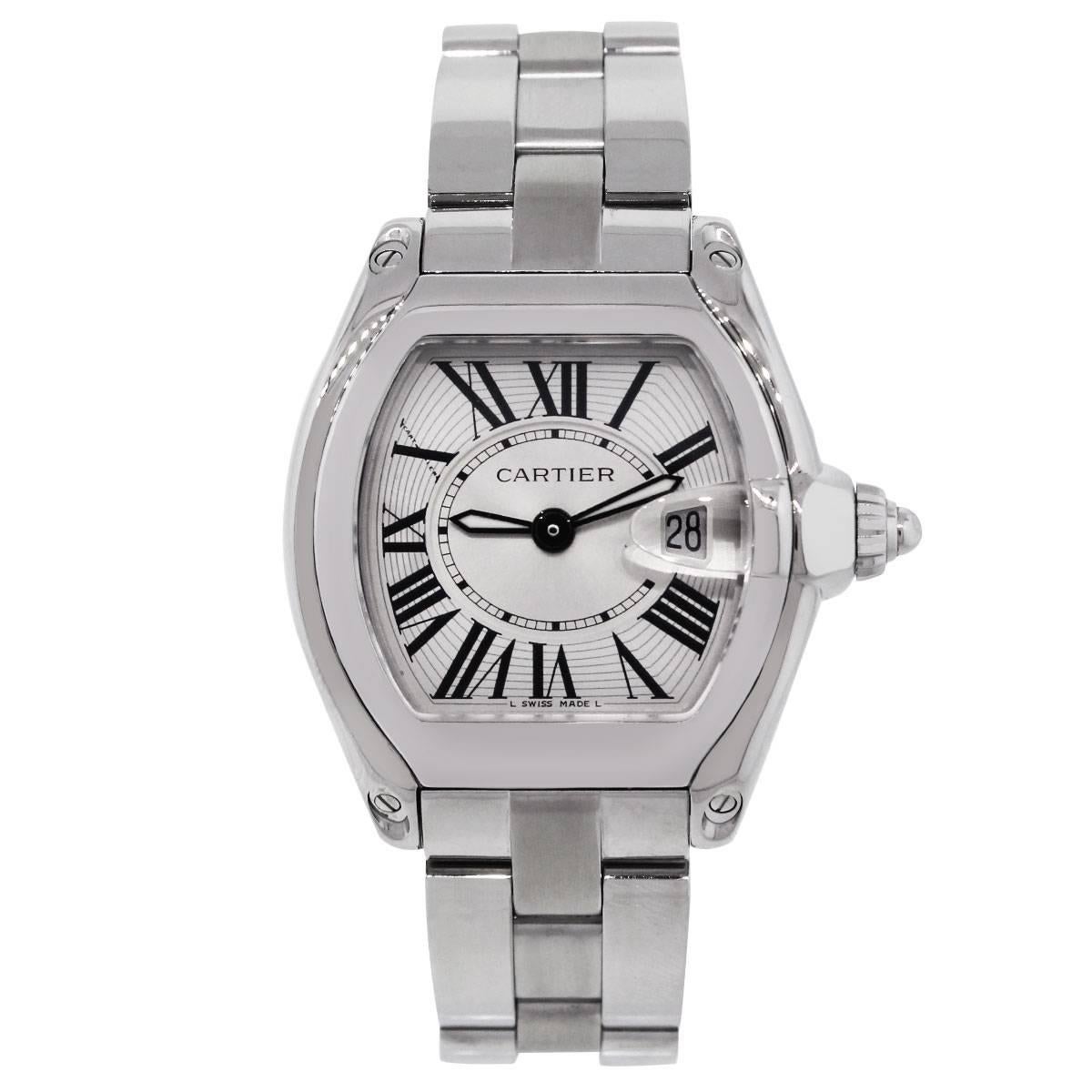 Brand: Cartier
MPN: 2675
Model: Roadster
Case Material: Stainless Steel
Case Diameter: 31mm
Crystal: Scratch resistant sapphire
Bezel: Smooth fixed stainless steel bezel
Dial: Silver dial with date displayed at 3 o’ clock. Date, Hours, Minutes, and