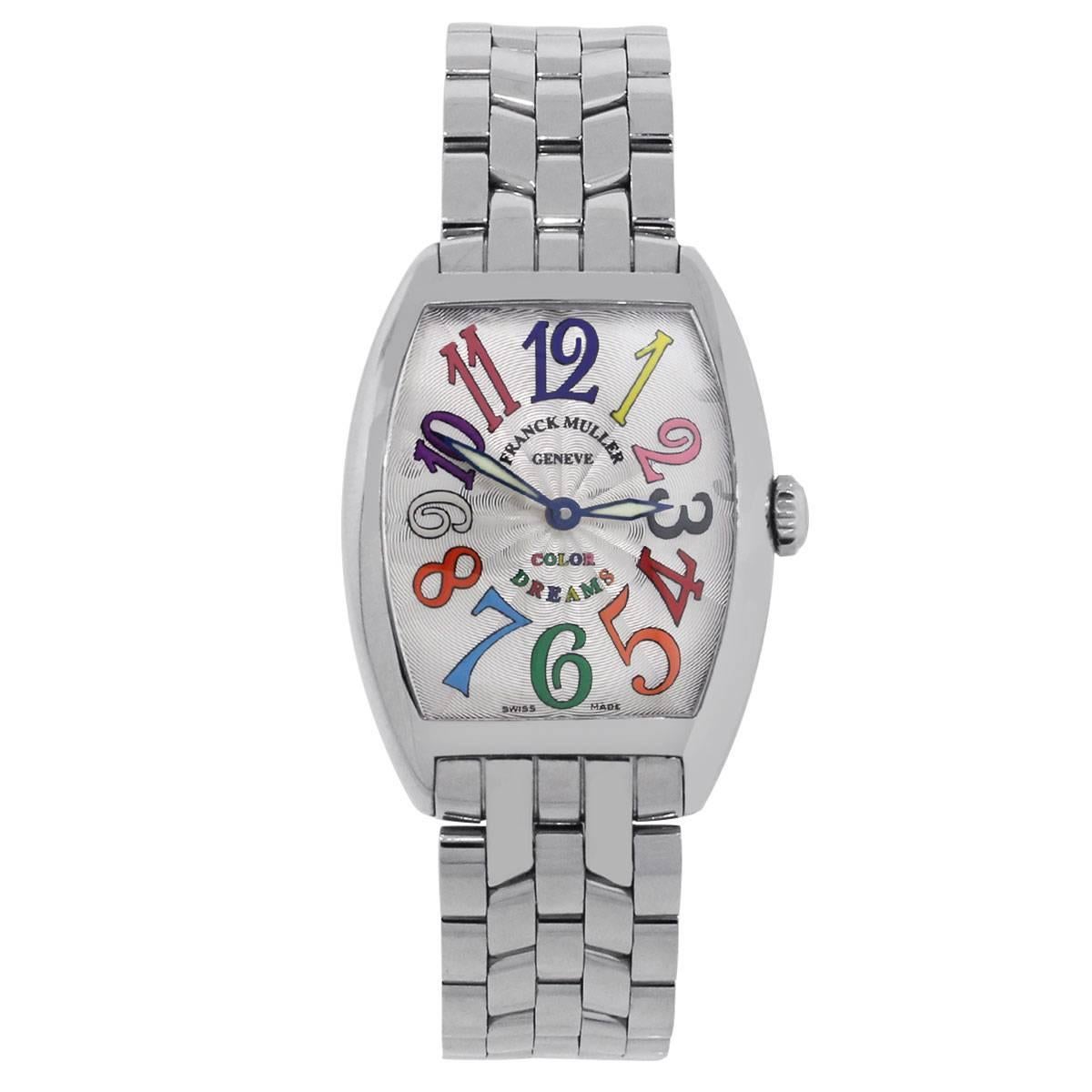 Brand: Franck Muller
MPN: Number 2052
Model: Color Dreams
Case Material: Stainless Steel
Case Diameter: 29mm
Crystal: Scratch resistant sapphire
Bezel: Stainless steel smooth fixed bezel
Dial: Guilloché dial with multi color numerals. Luminescent