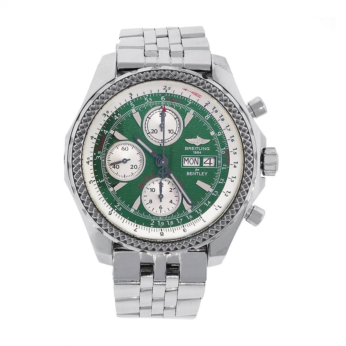 Brand: Breitlind
MPN: A13362
Model: Bentley GT
Case Material: Stainless Steel
Case Diameter: 45mm
Crystal: sapphire crystal
Bezel: Stainless steel unidirectional bezel
Dial: Green chronograph dial with silver stick. Date window displayed at the 3