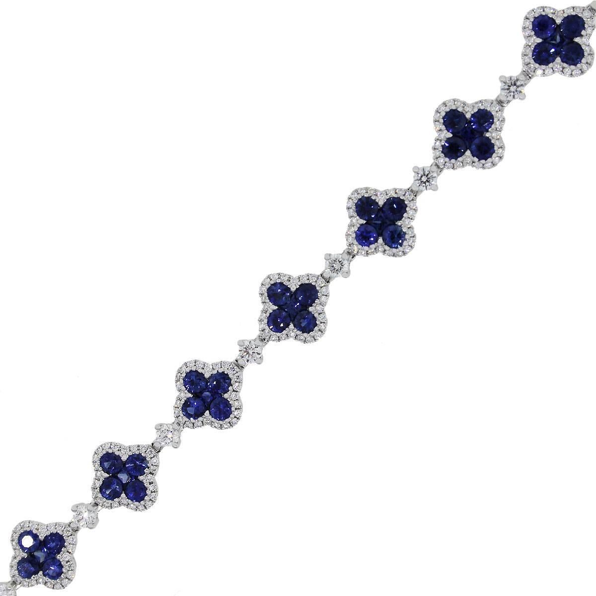 Material: 18k white gold
Gemstone Details: Approximately 6.64ctw of sapphire gemstones.
Diamond Details: Approximately 2.04ctw round brilliant cut diamonds. Diamonds are G/H in color and VS in clarity.
Clasp: Tongue in box clasp with safety