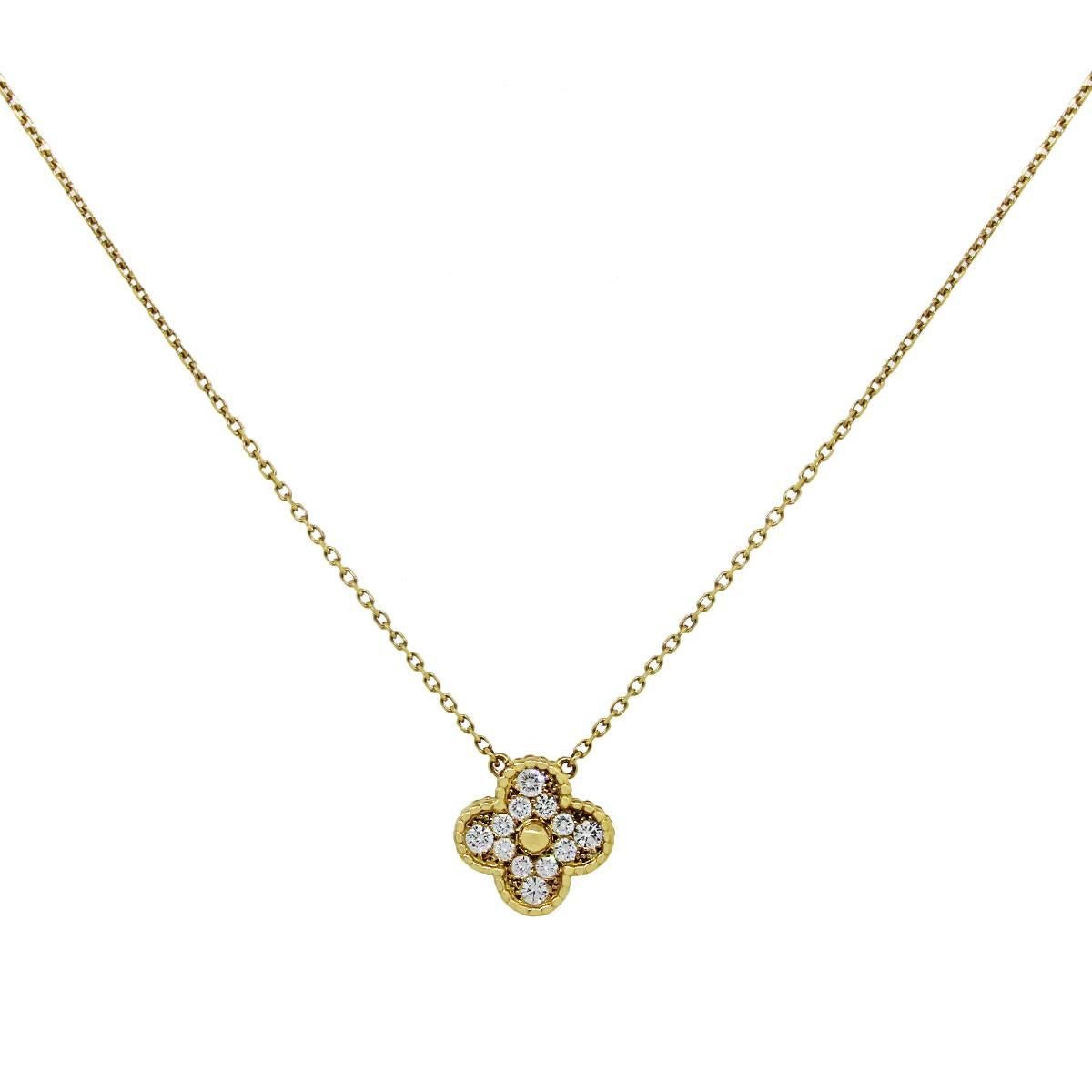 Brand: Van Cleef & Arpels
Material: 18k yellow gold
Diamond details: Approximately 0.48ctw of round brilliant diamonds. Diamonds are DEF in color and IF-VVS in clarity.
Total Weight: 5.2g (3.4dwt)
Necklace Length: 16″ in length
Pendant Measurements: