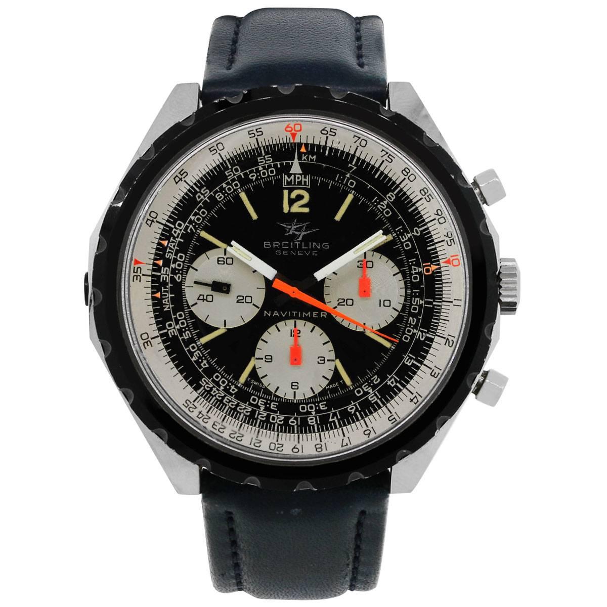 Brand: Breitling
MPN: 0816
Model: Navitimer
Case Material: Stainless Steel
Case Diameter: 49mm
Crystal: Acrylic
Bezel: Unidirectional rotating bezel with internal rotating
Dial: Black chronograph dial 3 silver sub dials.
Bracelet: Blue genuine