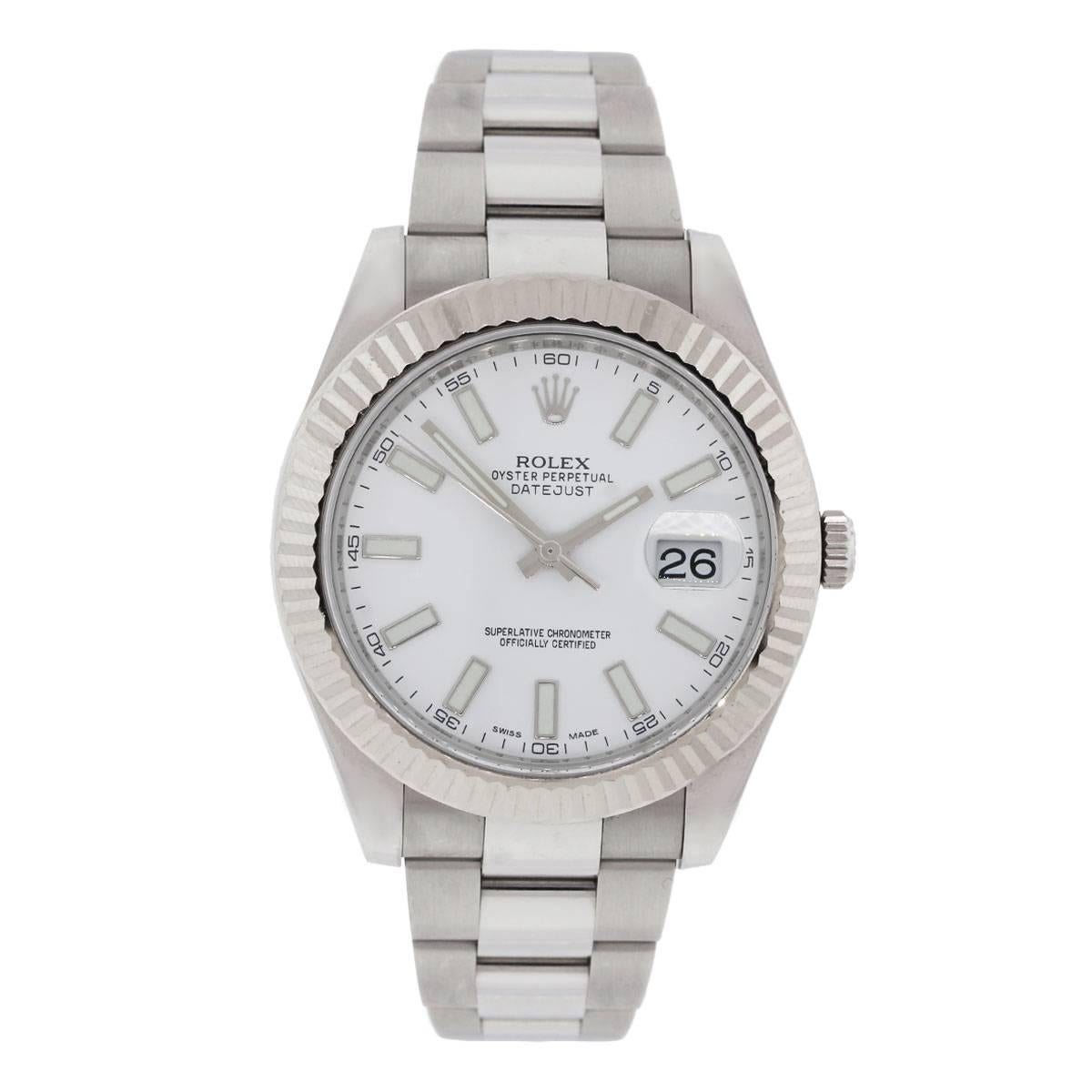 Brand: Rolex
MPN: 116334
Model: Datejust II
Serial: Scrambled (2009 or newer)
Case Material: Stainless Steel
Case Diameter: 41mm
Bezel: Fluted bezel
Dial: White dial with luminescent hour markers and date window at the 3 o’clock position
Bracelet: