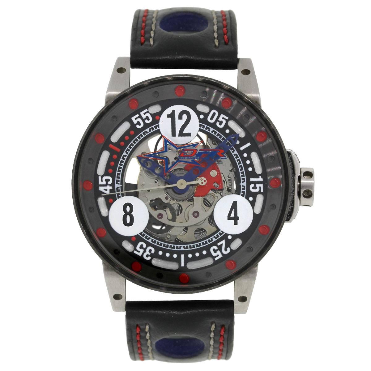 Brand: Bernard Richards Manufactures
MPN: V6-046
Model: Defrancesco Racing
Case Material: Stainless Steel
Case Diameter: 44mm
Bezel: Smooth
Dial: Skeleton dial
Bracelet: Black and blue leather strap with red and white stitching
Crystal: