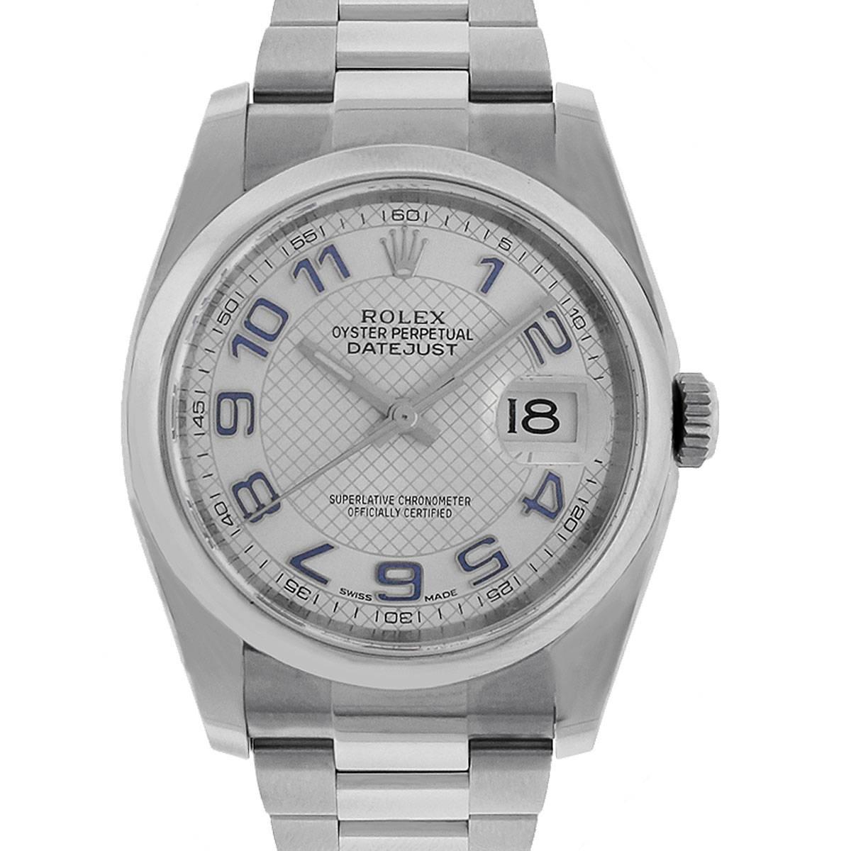 Brand is Rolex. Style is Datejust Silvered slick Dial Stainless Steel Watch. MPN 116200. Serial is Scrambled Series. Stainless Steel case. Case Diameter is
36mm. Stainless Steel polished bezel. Decorated Arabic dial. Stainless Steel bracelet.