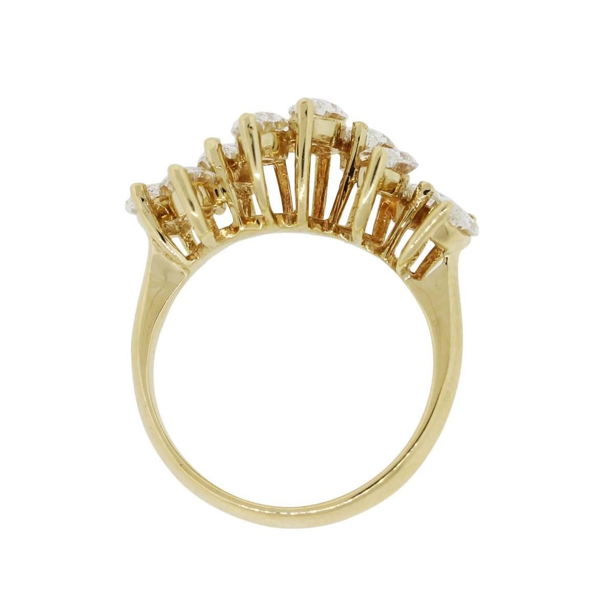 Material: 18k yellow gold
Diamond Details: Approximately 2ctw marquise shape diamonds. Diamonds are G/H in color and SI in clarity
Ring Measurements: 0.93″ x 0.45″ x 0.79″
Ring Size: 5
Total Weight: 4.4g (2.8dwt)
SKU: R4314