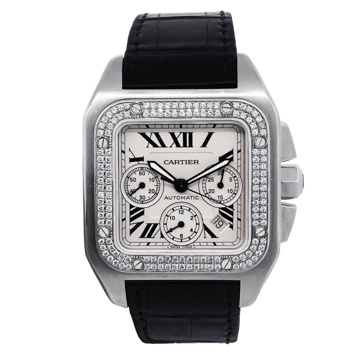 Brand: Cartier
Model: Santos 100 XL
Case Material: Stainless steel
Case Diameter: 42mm
Bezel: Diamond bezel (Aftermarket)
Dial: White chronograph dial. Date is displayed in between 4 o’ clock and 5 o’ clock.
Bracelet: Black leather
Size: Will fit a