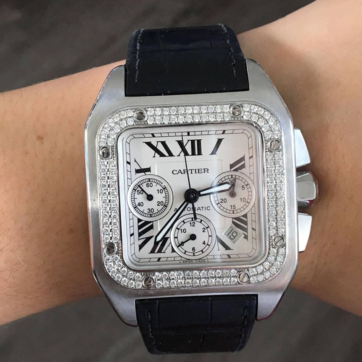 Round Cut Cartier Stainless steel Santos 100 XL Diamond Bezel Automatic Wristwatch