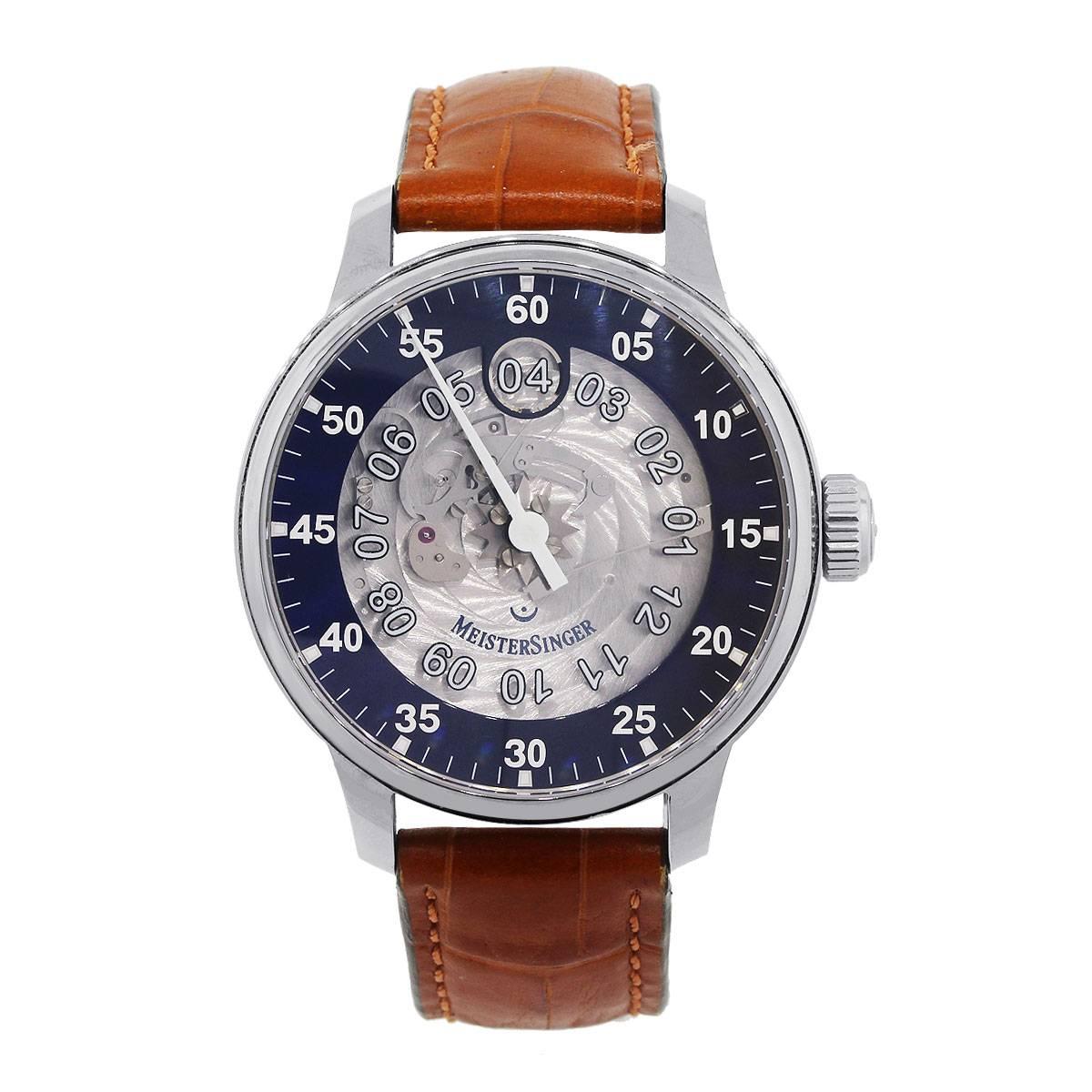 Brand: Meistersinger
MPN: SAM908TR
Model: Salthora Meta Transparent
Case Material: Stainless Steel
Crystal: Sapphire
Case Diameter: 43mm
Dial: Silvered transparent dial with numerical markers
Bracelet: Brown Leather
Size: Will fit a size 8″
