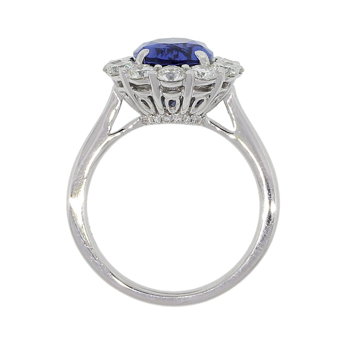 Material: 18k white gold
Gemstone Details: GIA certified 3.48ct oval shape sapphire. GIA# 2181395102
Diamond Details: Approximately 1.37ctw of round brilliant diamonds. Diamonds are G/H in color and VS in clarity
Size: 6.5
Total Weight: 5.9g