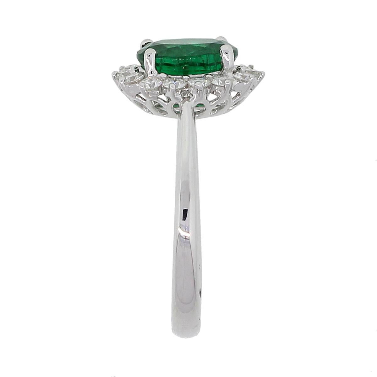 Material: 18k white gold
Gemstone Details: Approximately 1.30ct oval shape emerald.
Diamond Details: Approximately 0.34ctw of round brilliant diamonds. Diamonds are G/H in color and VS in clarity
Size: 6.25
Total Weight: 3.1g (2dwt)
Measurements: