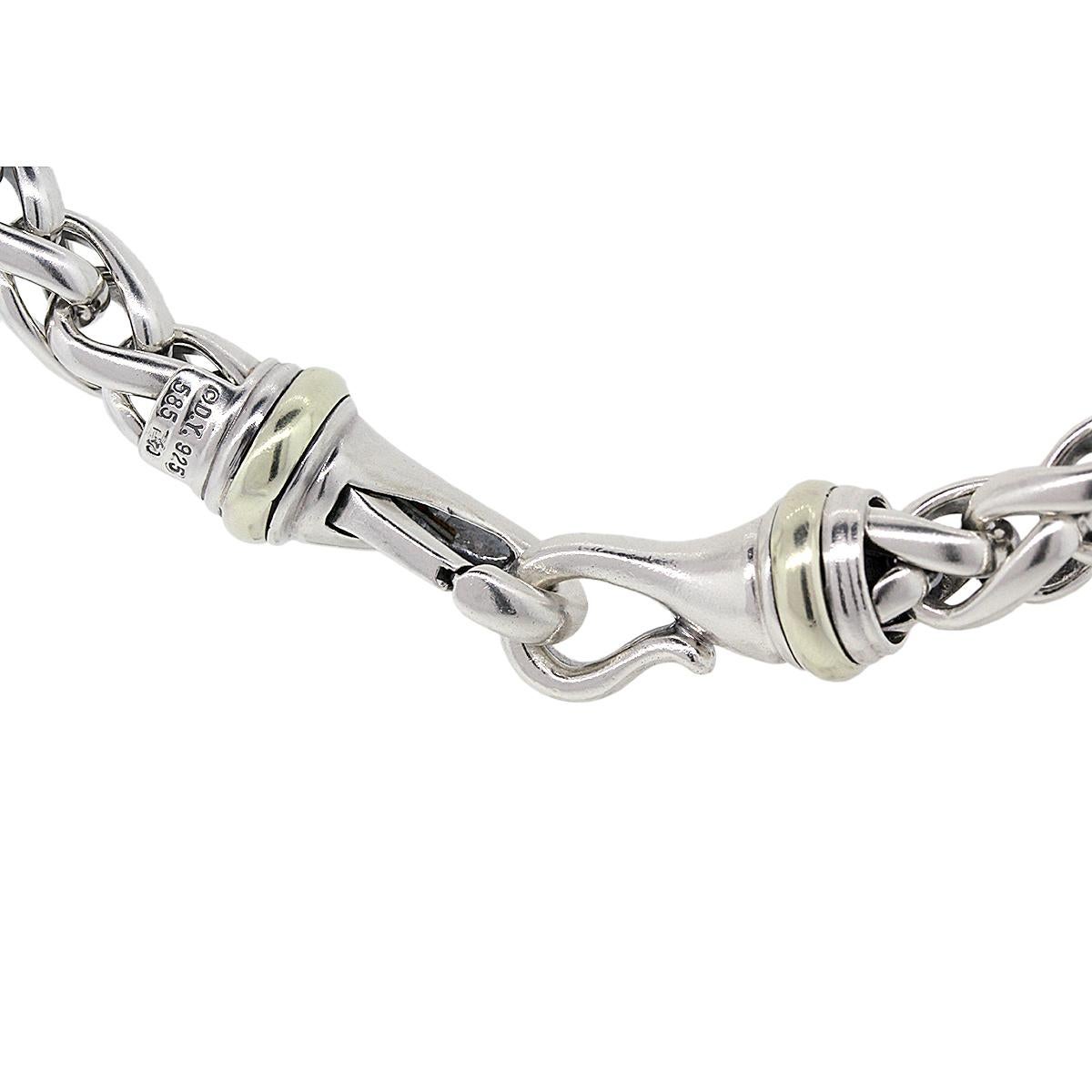 Designer: David Yurman
Material: Sterling silver and 14k yellow gold
Total Weight: 89.1g (57.3dwt)
Measurements: 16″ in length, 8mm in width
SKU: G8004