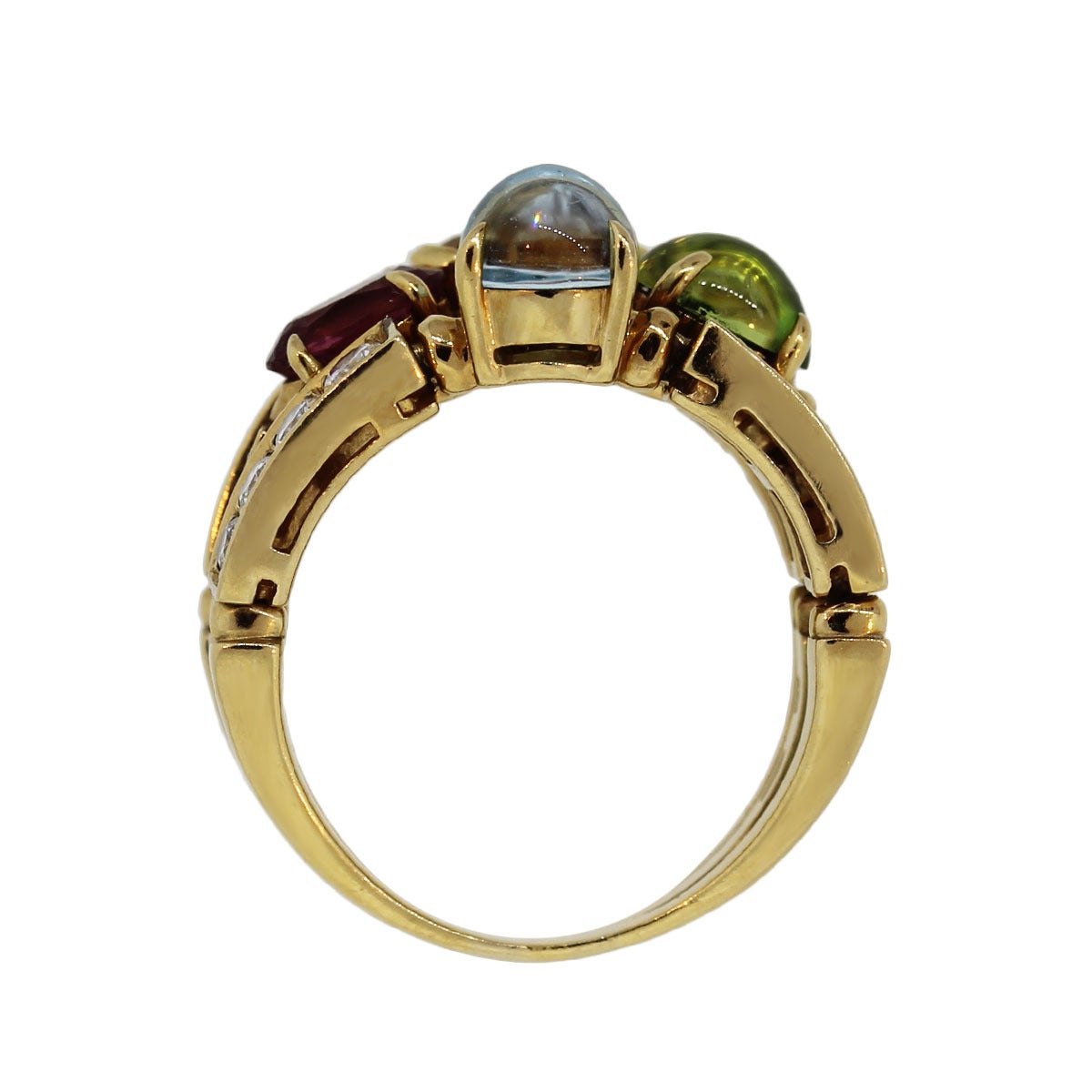 Brand: Bulgari
Style: Allegra Diamond Multi Stone 3 Band Ring
Metal: 18K Yellow Gold
Gemstone: Pink tourmaline, peridot, citrine and blue topaz
Diamond Details: Round brilliant diamonds F/G in color and VS in clarity
Item Weight: 8dwt