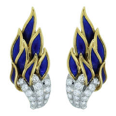 Tiffany & Co. Schlumberger Enamel Diamond Gold Flame Earrings