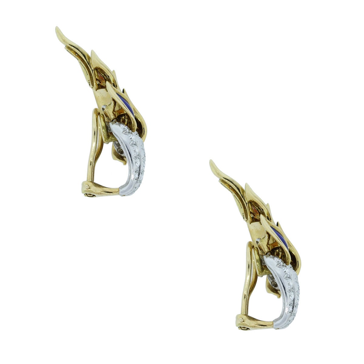 Brand: Tiffany & Co.
Style: Schlumberger 18k Yellow Gold Enamel Diamonds Flame Earrings
Diamonds: 2ctw of Round Brilliant diamonds. Diamonds are E/F in color and VS in clarity
Measurements: 2.12