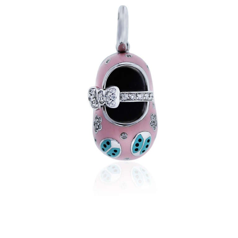 Aaron Basha White Gold Pink Enamel Diamond Baby Shoe Charm