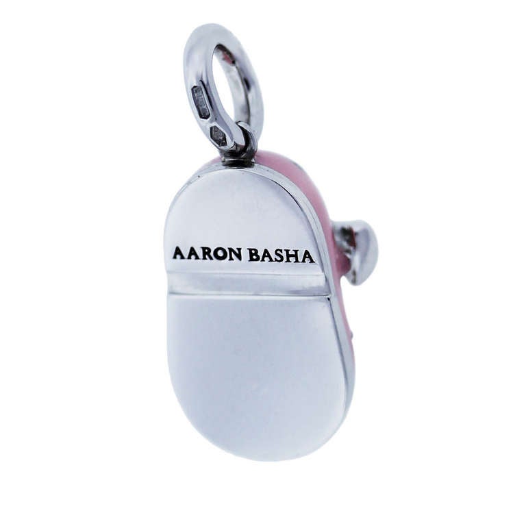 Aaron Basha White Gold Pink Enamel Diamond Baby Shoe Charm In Excellent Condition In Boca Raton, FL