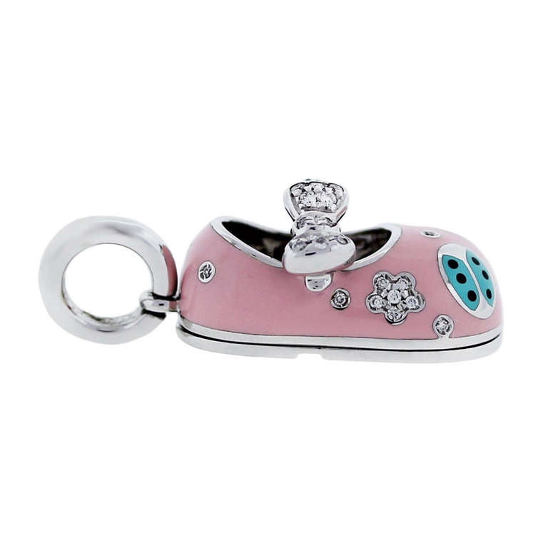 Women's Aaron Basha White Gold Pink Enamel Diamond Baby Shoe Charm