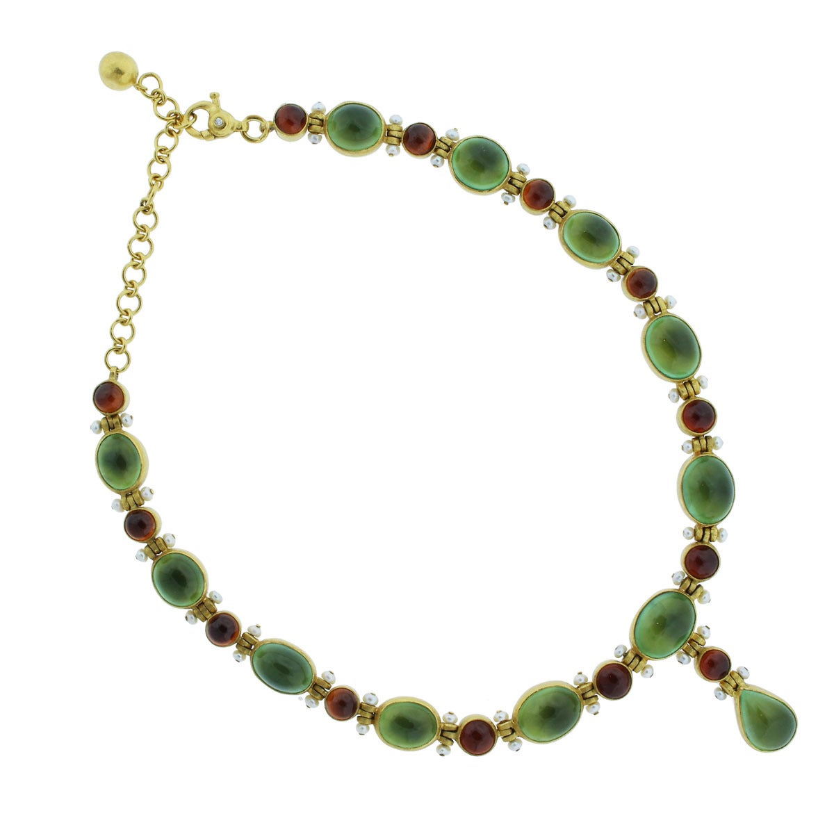 Style: Gold Multi Gemstone Bracelet & Necklace Set
Metal: 24k Yellow gold 
Gemstone Details: Cultured pearls measure approximately 3.5mm, 240.19ctw of Prenite stones & 63.02ctw of Hessonite stones
Necklace Size: 18