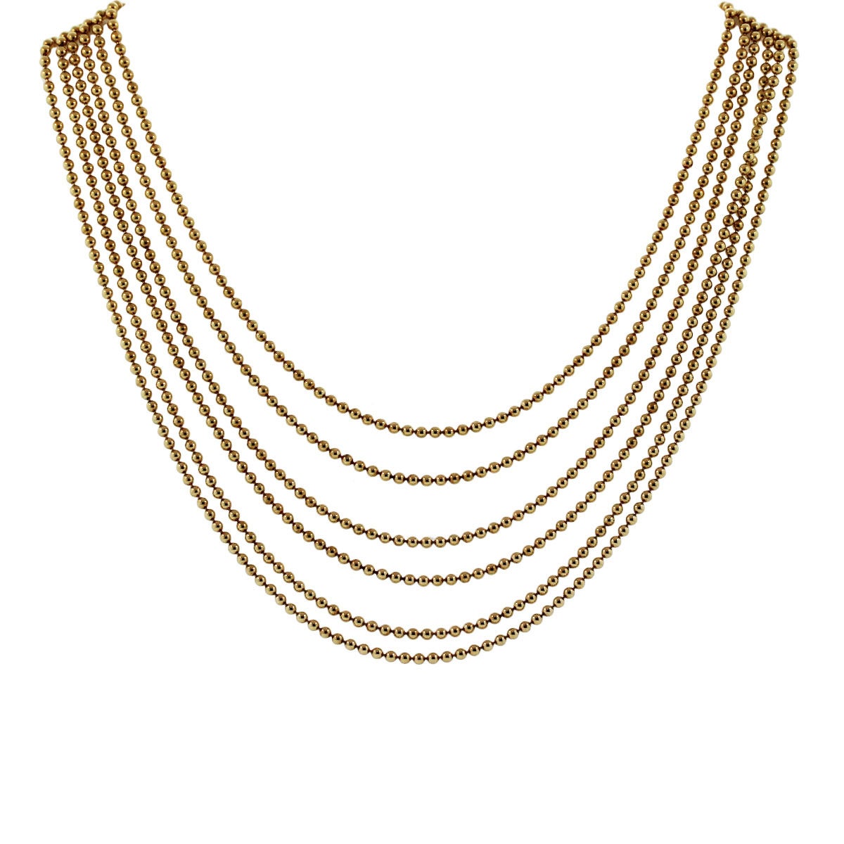 Brand: Cartier
Style: 18k Yellow Gold Six Strand Necklace
Material: 18k Yellow Gold
Total Weight: 39dwt (60.6g)
Necklace Length: Chain is 15''
Clasp: Cartier double hook and eye clasp
Comes with: Raymond Lee Jewelers presentation box!
SKU: