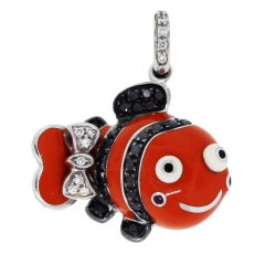 Aaron Basha Enamel White & Black Diamond Fish Pendant