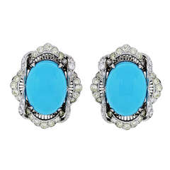 Cabochon Turquoise Diamond White Gold Earrings