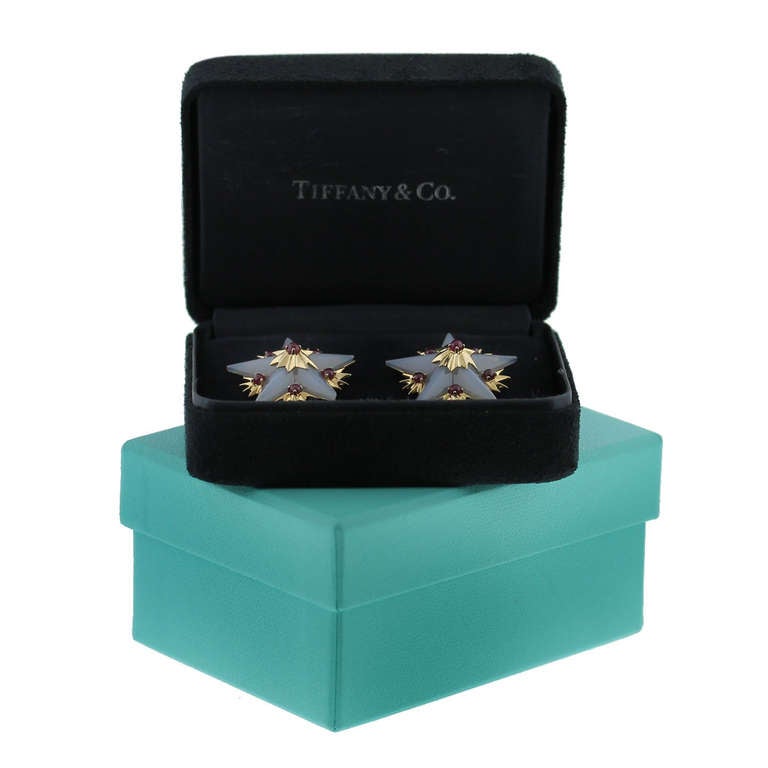 Women's Tiffany & Co. Schlumberger Chalcedony & Ruby Star Yellow Gold Earrings
