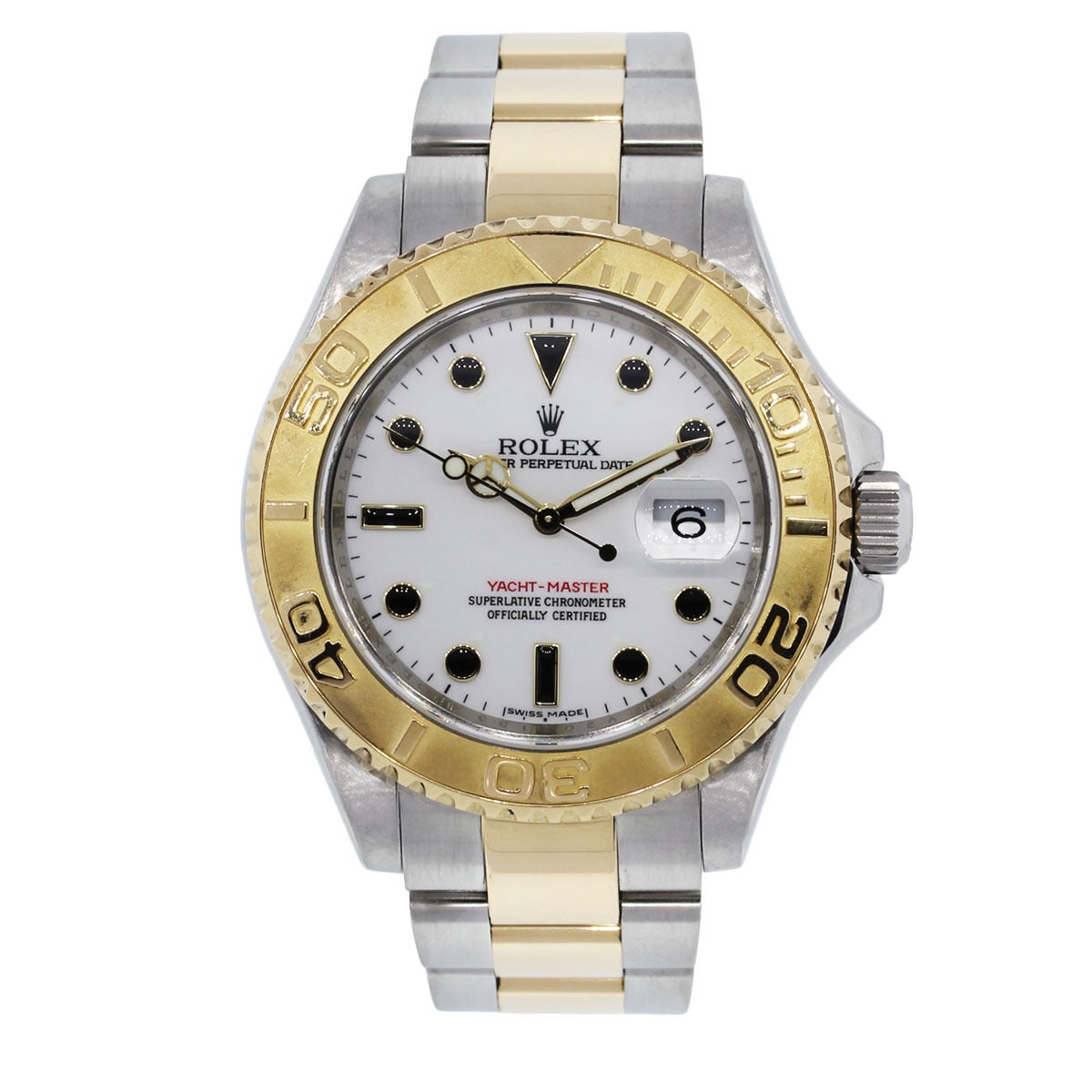 Company: Rolex
Model: Yachtmaster
Ref.: 16623
Serial: V
Case Material: Stainless Steel
Movement: Automatic
Case Diameter: 40 mm
Bezel: 18k Yellow gold bi-directional bezel
Bracelet: Stainless Steel and 18K Yellow Gold
Dial: White