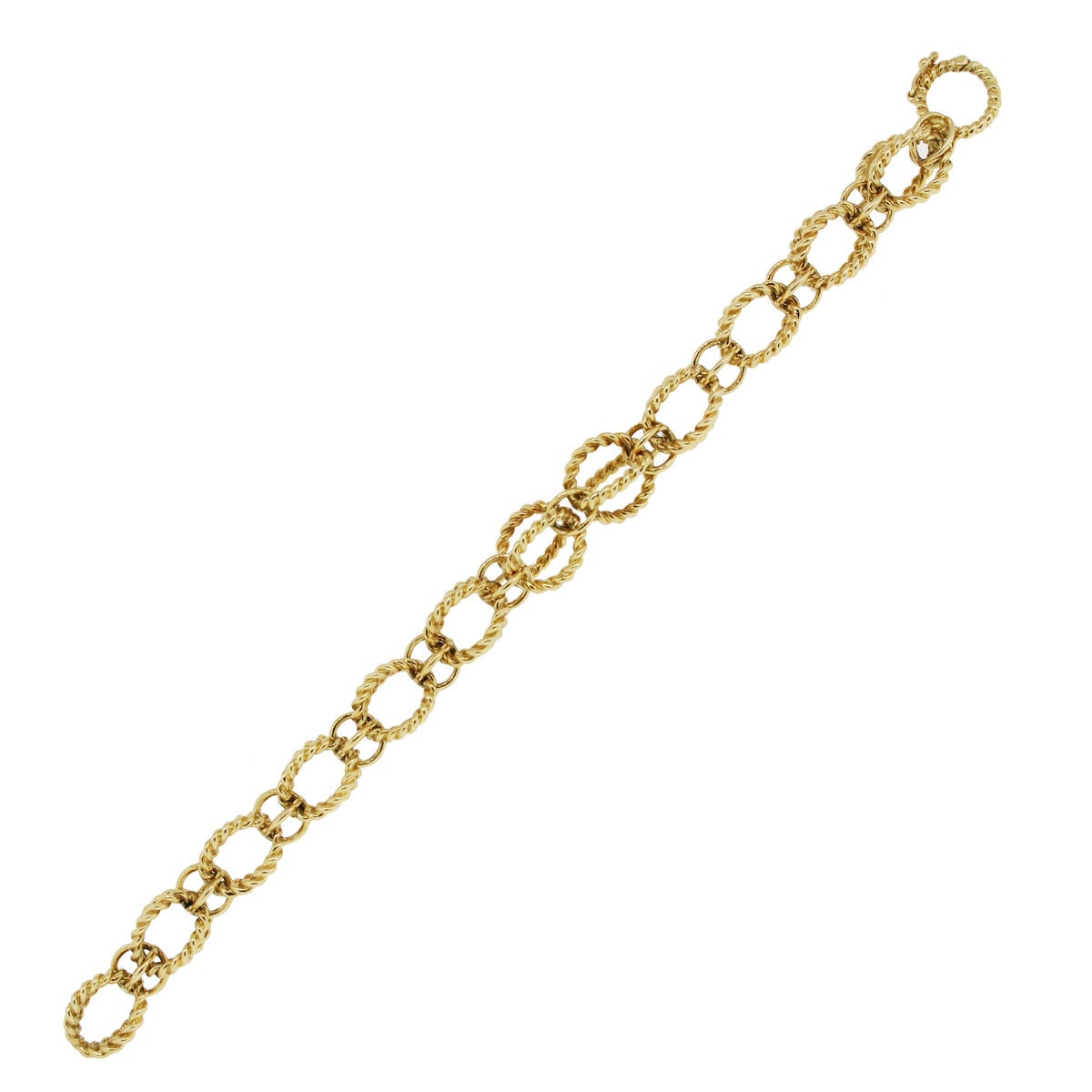 Designer: Tiffany & Co.
Style: Schlumberger Yellow Gold Circle Rope Bracelet 
Materials: 18k Yellow Gold
Clasp: Lever style with safetly clasp
Total Weight: 28.2dwt (43.9g)
Additional Details: Comes with Tiffany & Co. box!
SKU : G4517OARE