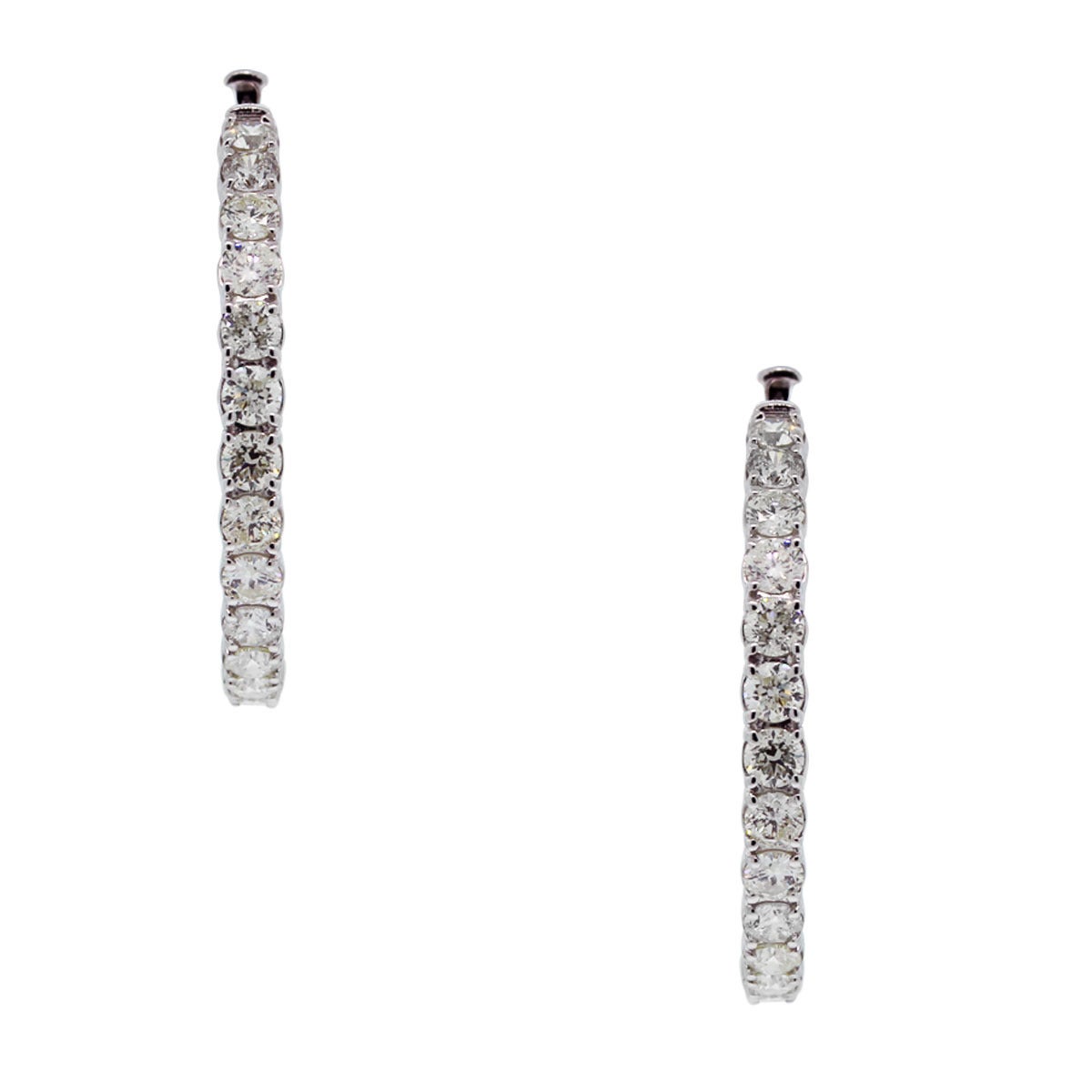 Style: 14k White Gold 10ctw Diamond Inside Out Hoop Earrings
Material: 14k White Gold
Diamond Details: Approximately 10ctw of 50 Round Brilliant Diamonds. Diamonds are G/H in color and SI in clarity
Earring Measurements: 1.5