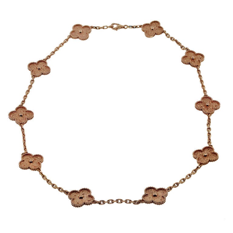 Brand: Van Cleef & Arpels 
Style: 10 Motif Vintage Alhambra Necklace
Metal: 18K Rose Gold
Necklace Length: 17.5