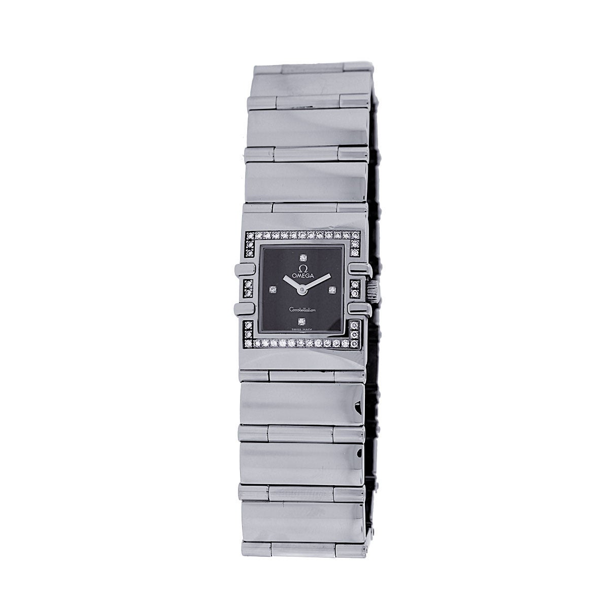 Brand: Omega
Model:  Constellation Diamond Bezel Black Dial Ladies Watch
Material: Stainless Steel
Dial: Black Dial
Bezel: Diamond bezel. Diamonds are G in Color and VS in clarity
Case Measurements: 22mm
Band Material : Stainless Steel
Clasp: