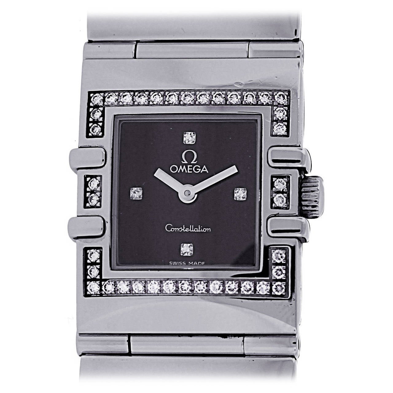 Omega Lady's Stainless Steel Diamond Bezel Black Dial Quartz Wristwatch For Sale