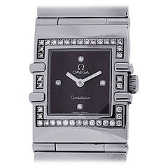 Vintage Omega Lady's Stainless Steel Diamond Bezel Black Dial Quartz Wristwatch