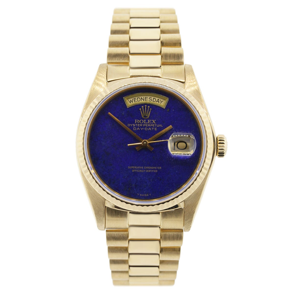Company: Rolex
Model: Day-Date
Ref.: 18038
Serial: 7 mill
Case Material: 18k Yellow Gold
Movement: Automatic
Case Diameter: 36 mm
Bezel: 18k Yellow Gold fluted bezel
Bracelet: 18k Yellow Gold presidential band
Dial: Blue Lapis