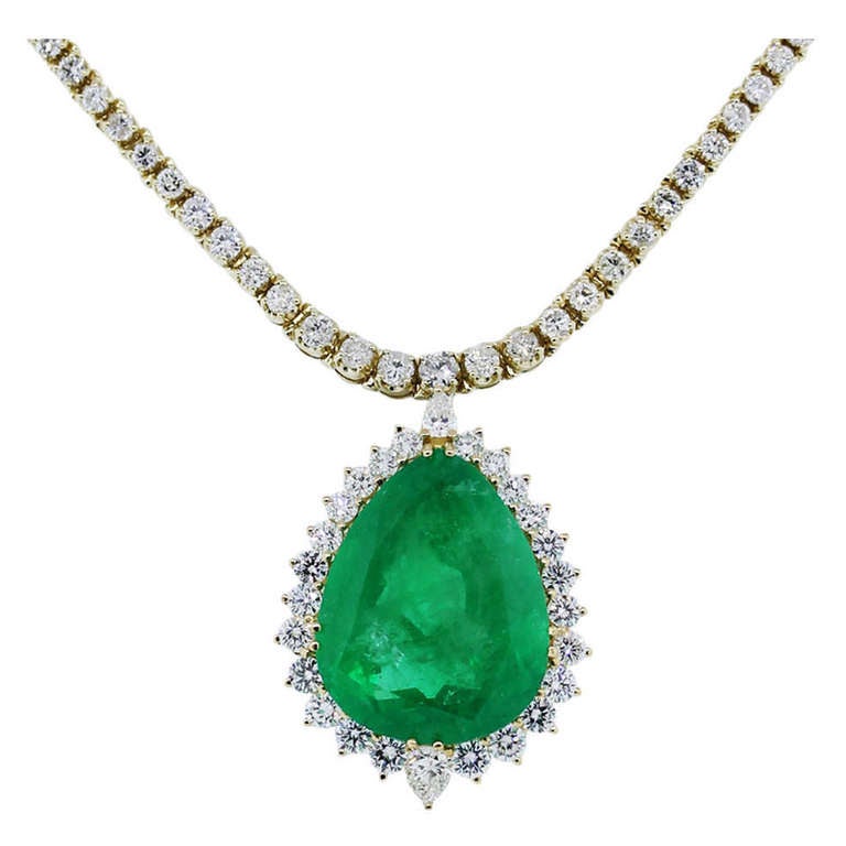 48.05 Carat Pear Shaped Emerald and Diamond Pendant Tennis Necklace