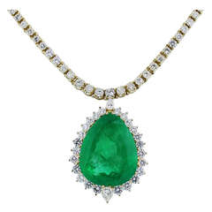 Retro 48.05 Carat Pear Shaped Emerald and Diamond Pendant Tennis Necklace