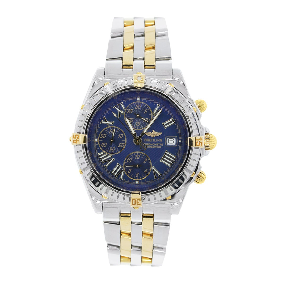Brand: Breitling
Model: Crosswind B13355
Material: Stainless Steel & 18k Yellow Gold
Dial: Blue Chronograph Dial with Luminescent markers
Bezel: Unidirectional bezel
Case Measurements: 42mm
Band Material : Stainless Steel & 18k Yellow