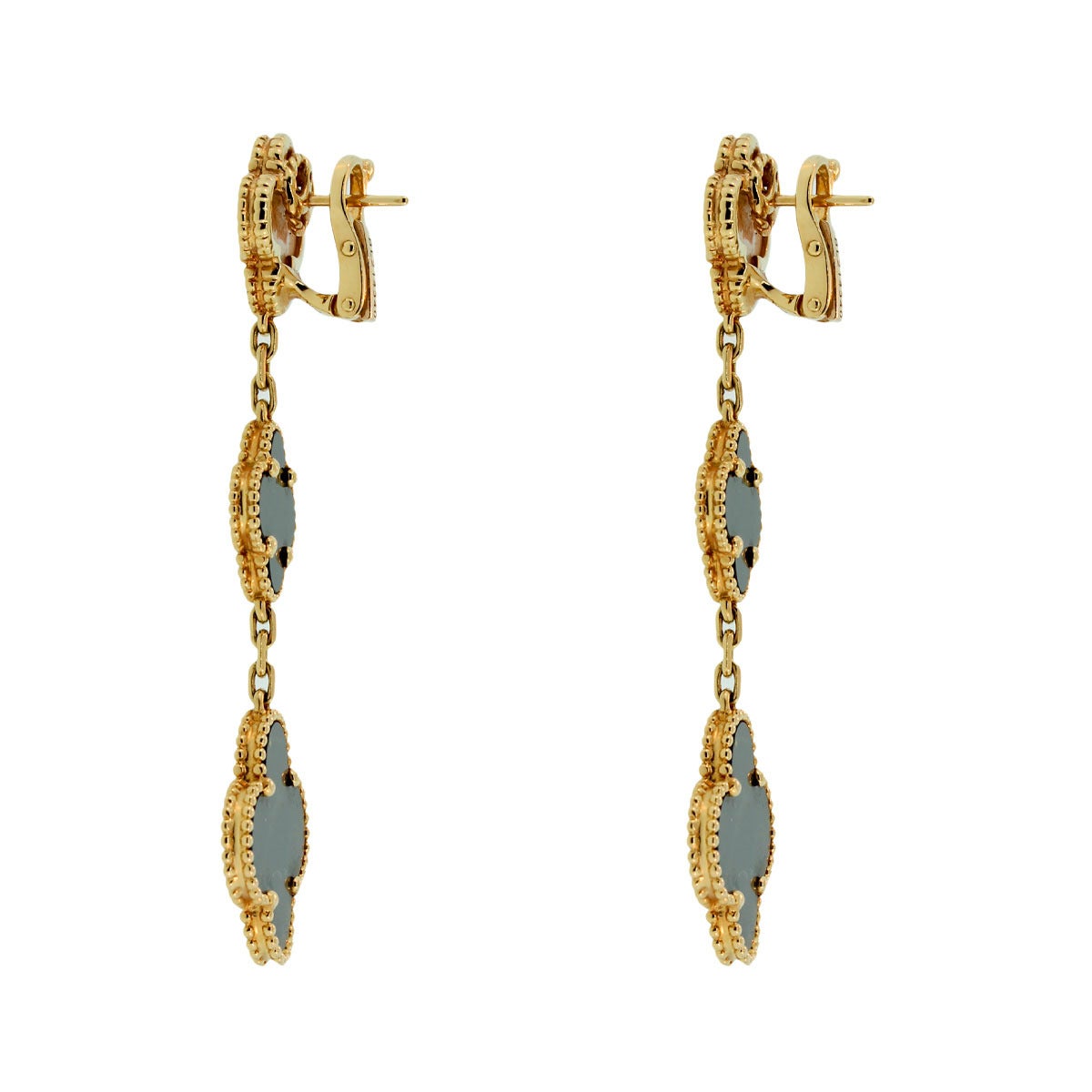 Designer: Van Cleef & Arpels
Style: Magic Alhambra 3 Motifs Earclips
Material: 18k Yellow Gold
Gemstone Details: Onyx, White Mother of Pearl, Dark Mother of Pearl
Earrings Size: 2.62