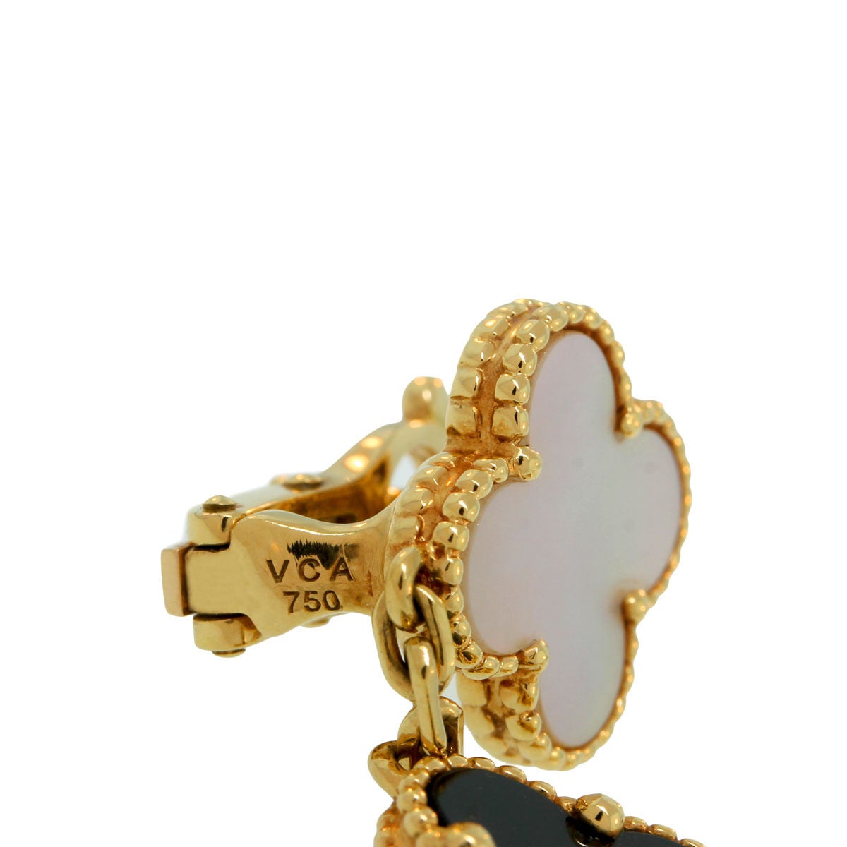Women's Van Cleef & Arpels Onyx Mother of Pearl Gold Magic Alhambra Three Motif Earclips