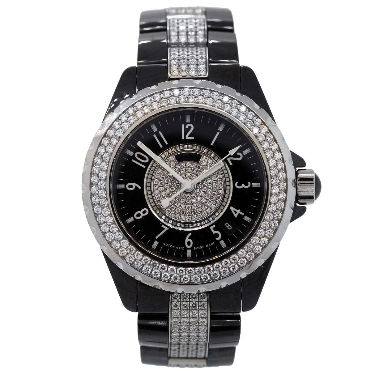 Brand: Chanel
Model: J12
Reference Number: lx 71955
Case Material; Black Ceramic
Dial: Diamond dial with white hands
Bezel: Unidirectional rotating Diamond Bezel
Case Measurements: 38mm
Bracelet: Black Ceramic with diamonds
Clasp: Steel
