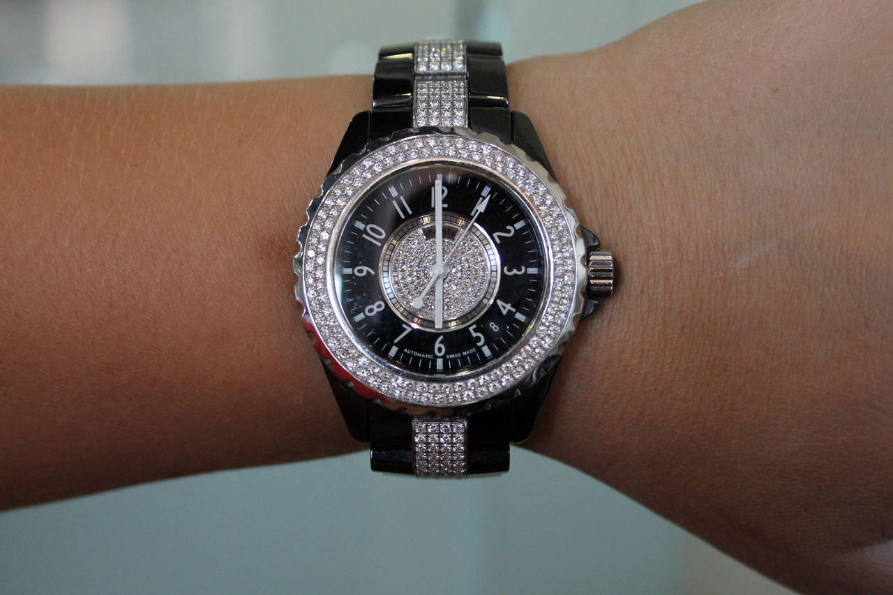 Chanel Black Ceramic J12 Diamond Quartz Wristwatch In Excellent Condition In Boca Raton, FL
