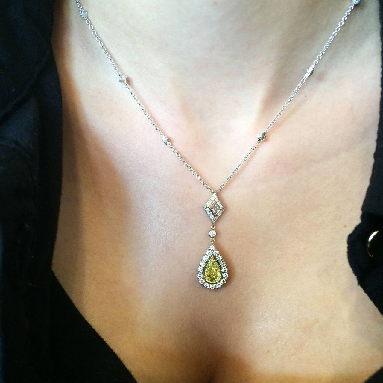 Pear Cut Christopher Designs 2.45 Carat Diamond Three Color Gold Necklace in Stock For Sale