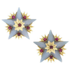 Vintage Tiffany & Co. Schlumberger Chalcedony & Ruby Star Yellow Gold Earrings