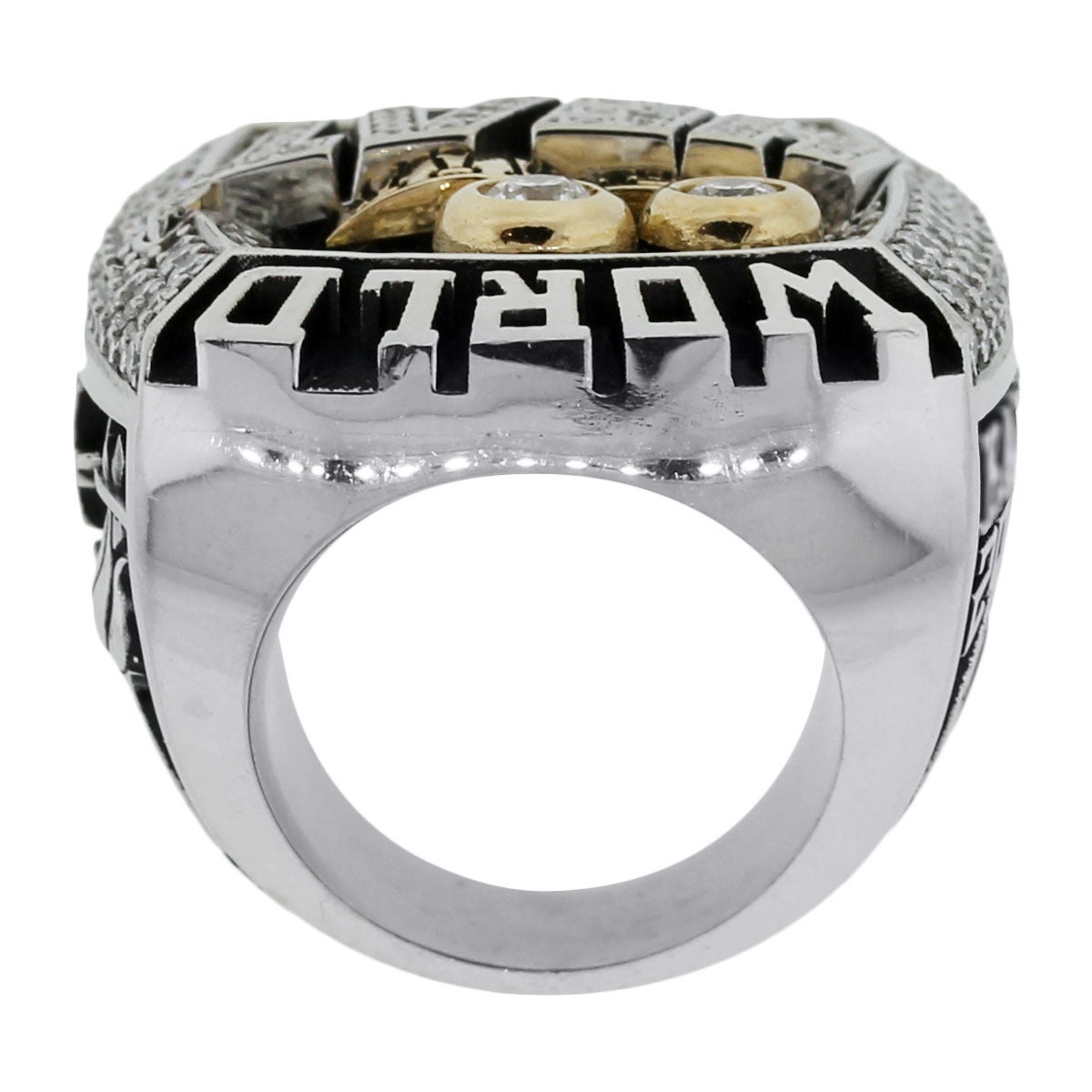 Style: Miami Heat 2013 World Championship Executive II Ring
Material: 10k Yellow and White Gold
Diamond Details: 145 Round Brilliant diamonds with approximately 3.9ctw of Diamonds total. The 2 diamonds in the Larry O'Brien Trophy are SI1-G. All